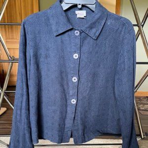 Navy long sleeve button down linen top